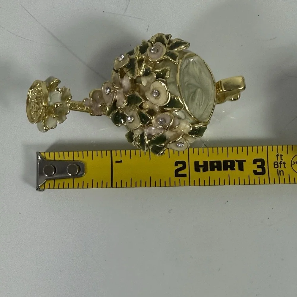 White Floral Watering Can Trinket Box Jeweled Enamel Miniature‎